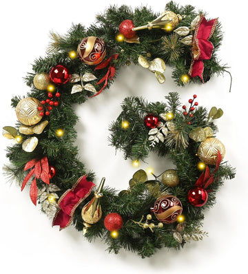 6 Feet Pre-Lit Christmas Garland with Red Gold Ball Ribbons