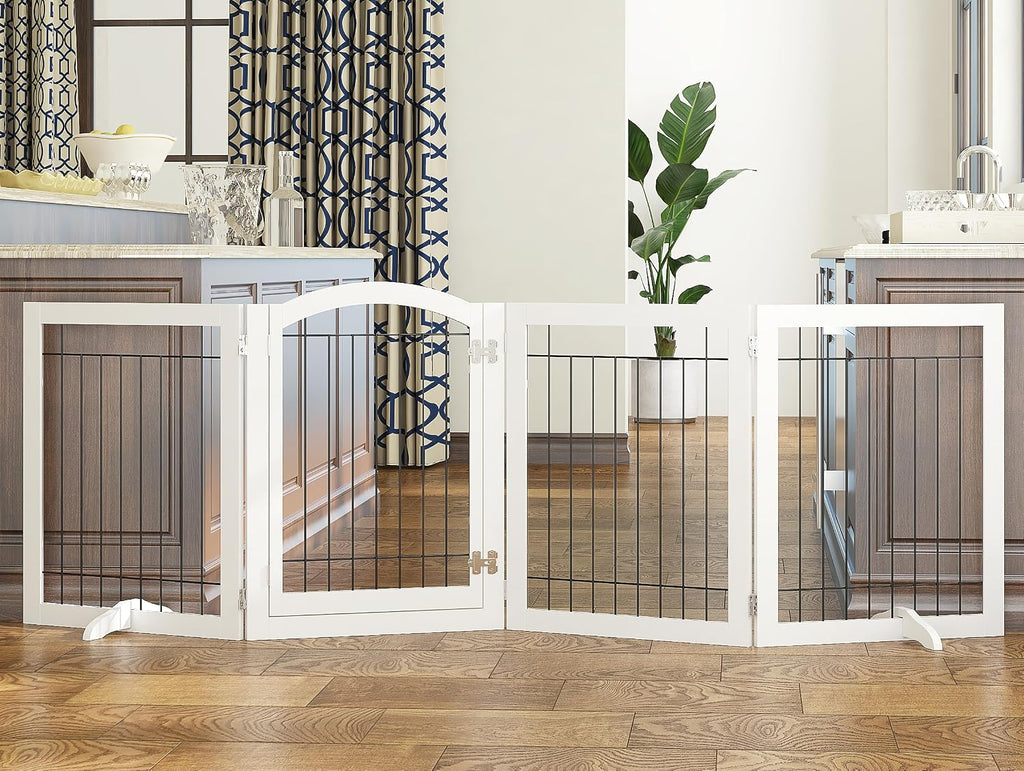 Pet Gate-Freestanding Dog Gate Indoor with Door, 96" Wide, 30" Tall