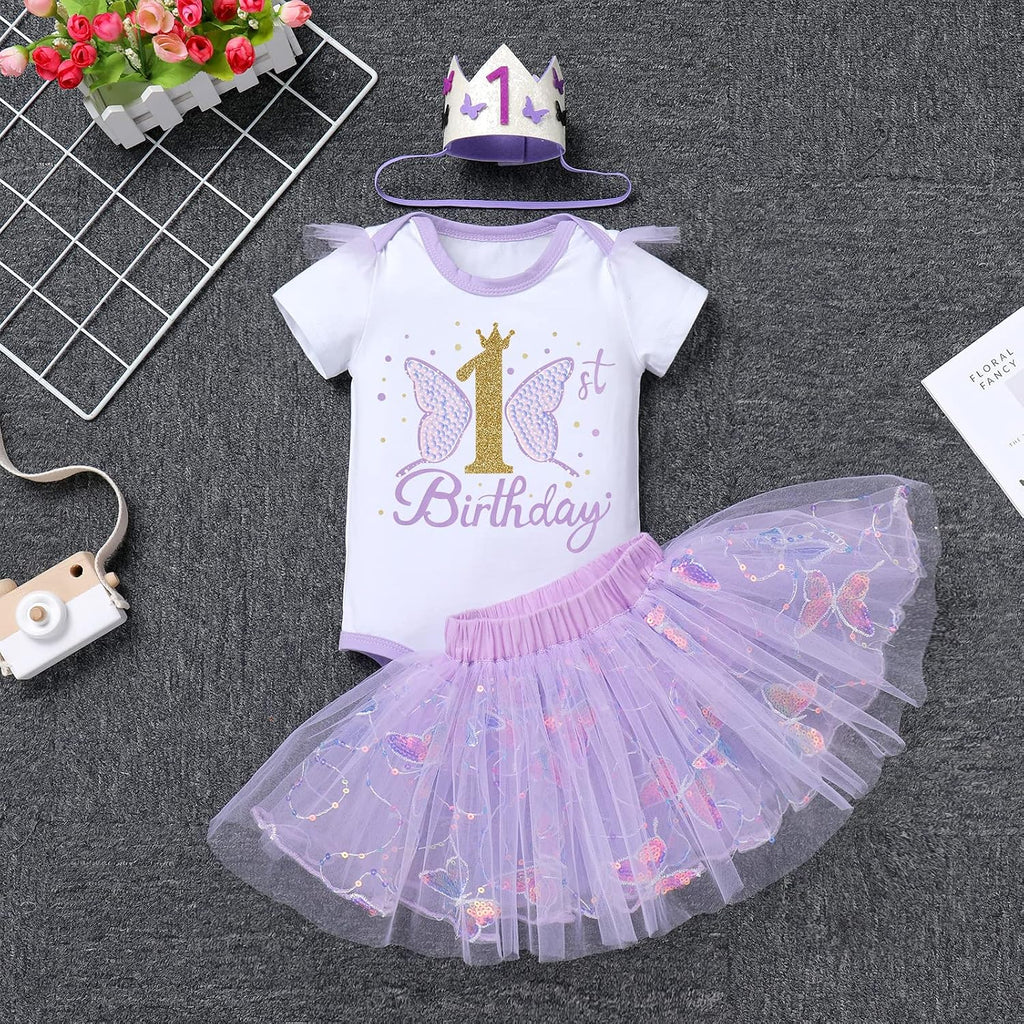 Baby Girl 1st Birthday Cake Smash Outfit Sequin Butterfly Romper Princess Tutu Dress Headband Photoshoot Clothes
