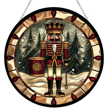 Christmas Wooden Nutcracker Stained Glass Window Hanging Suncatcher 12" Glass Panel with Metal Chain Sun Catchers