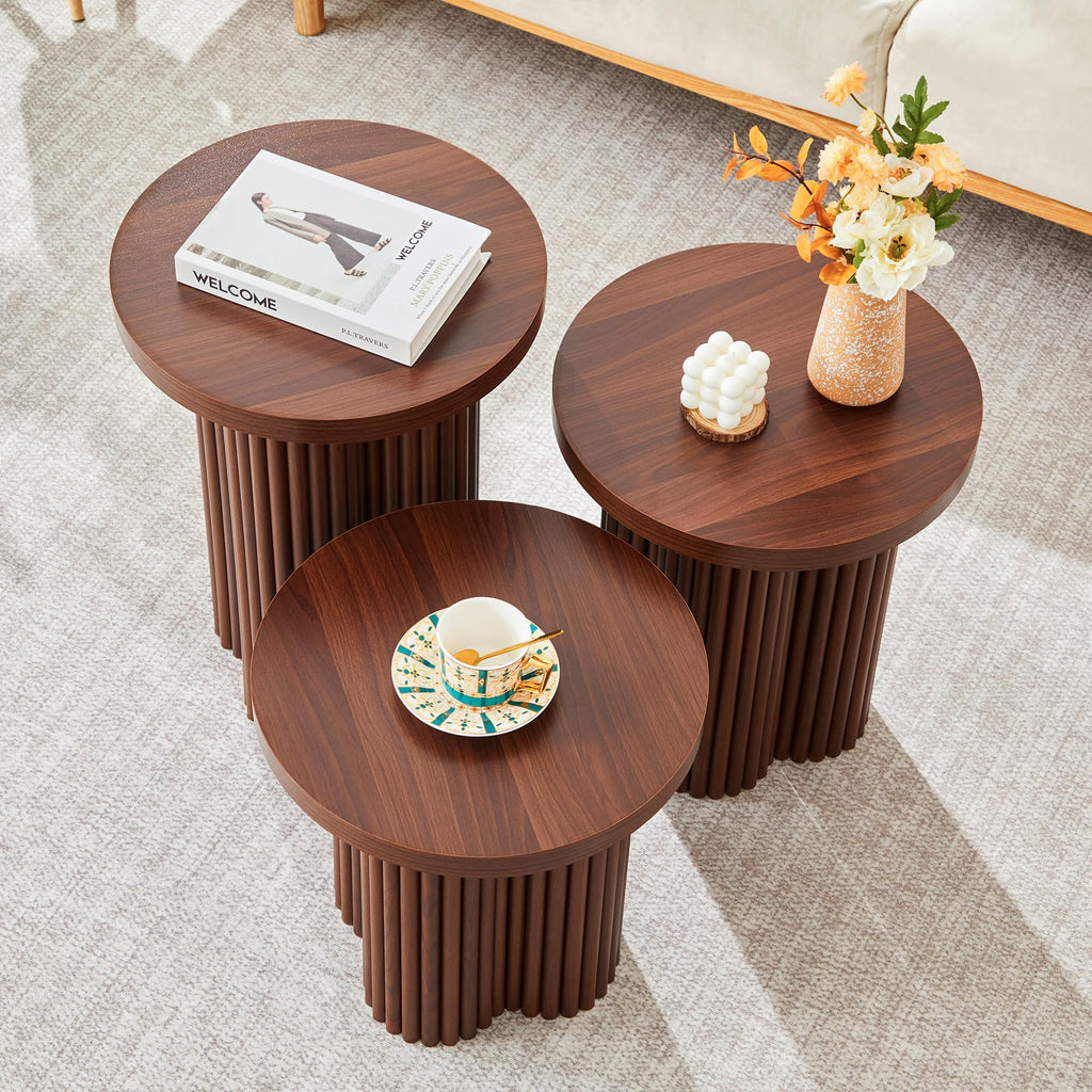 Round Nesting Coffee Set of 3 Fluted Coffee (Walnut)