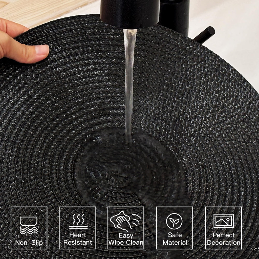 Round Braided Placemats Set of 8 Place Mats for Dining Table Woven Washable Non-Slip Table Mats 13.5 Inch (Black