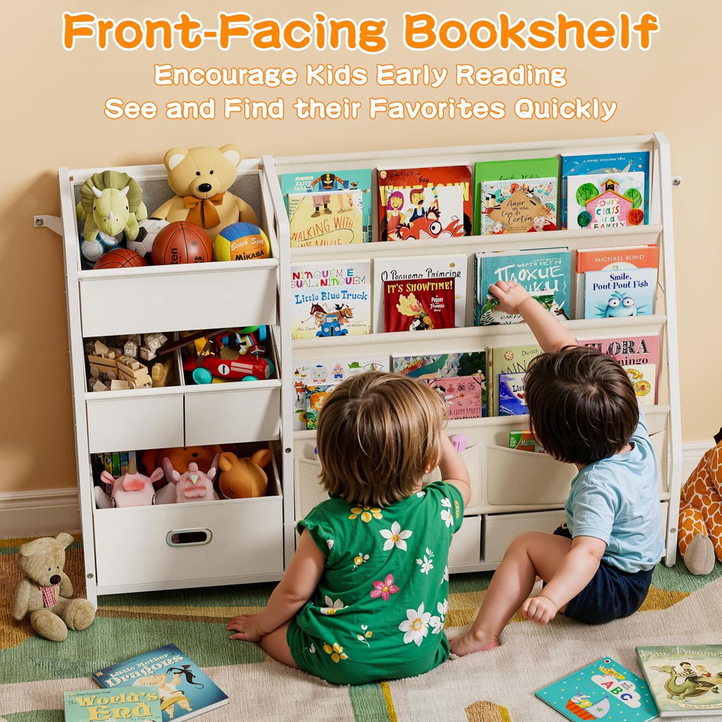 Kids Bookshelf and Toy Storage with 6 Toy Bins - Book Shelf for Kids Rooms | Toddler Bookshelves Baby Bookcase