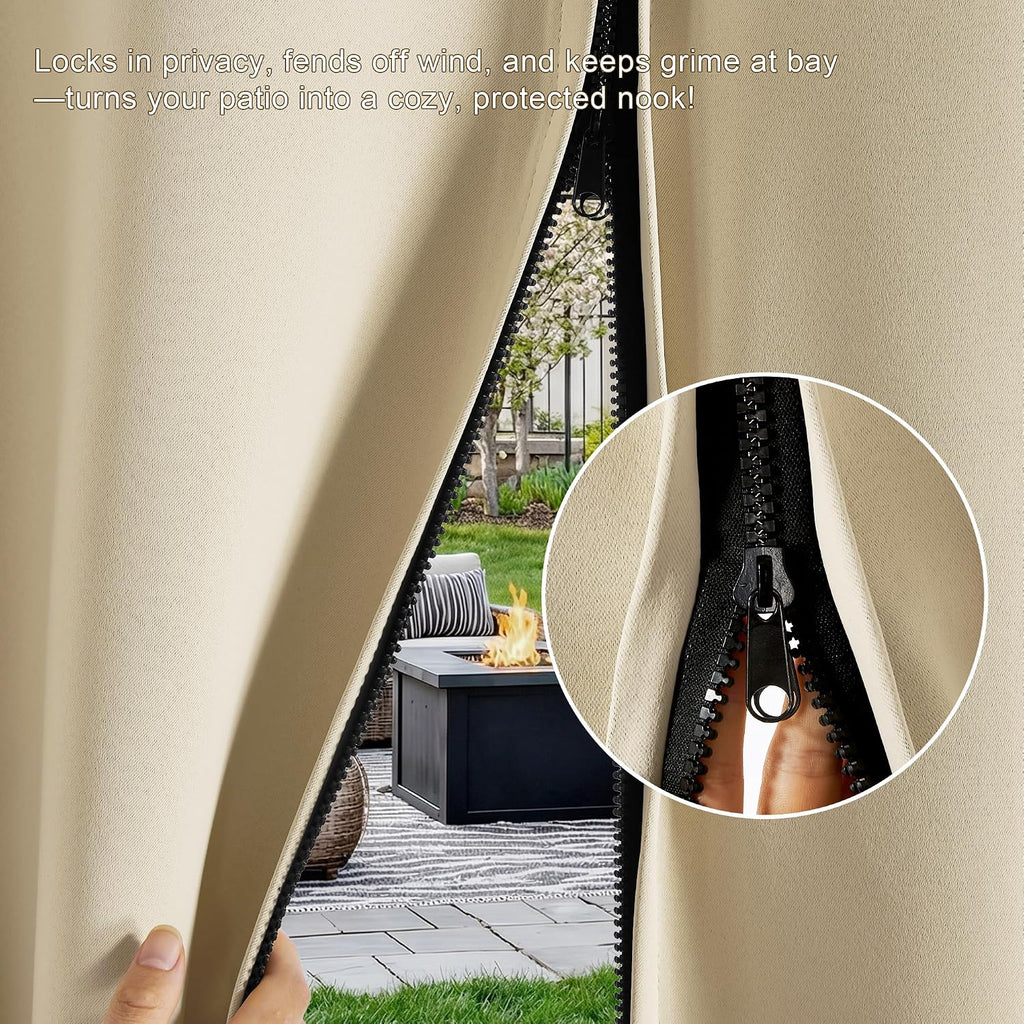 Fade-Resistant Outdoor Curtains Waterproof with Zipper | Zipper Back Tab,Windproof Sun Blocking Thermal Insulated for