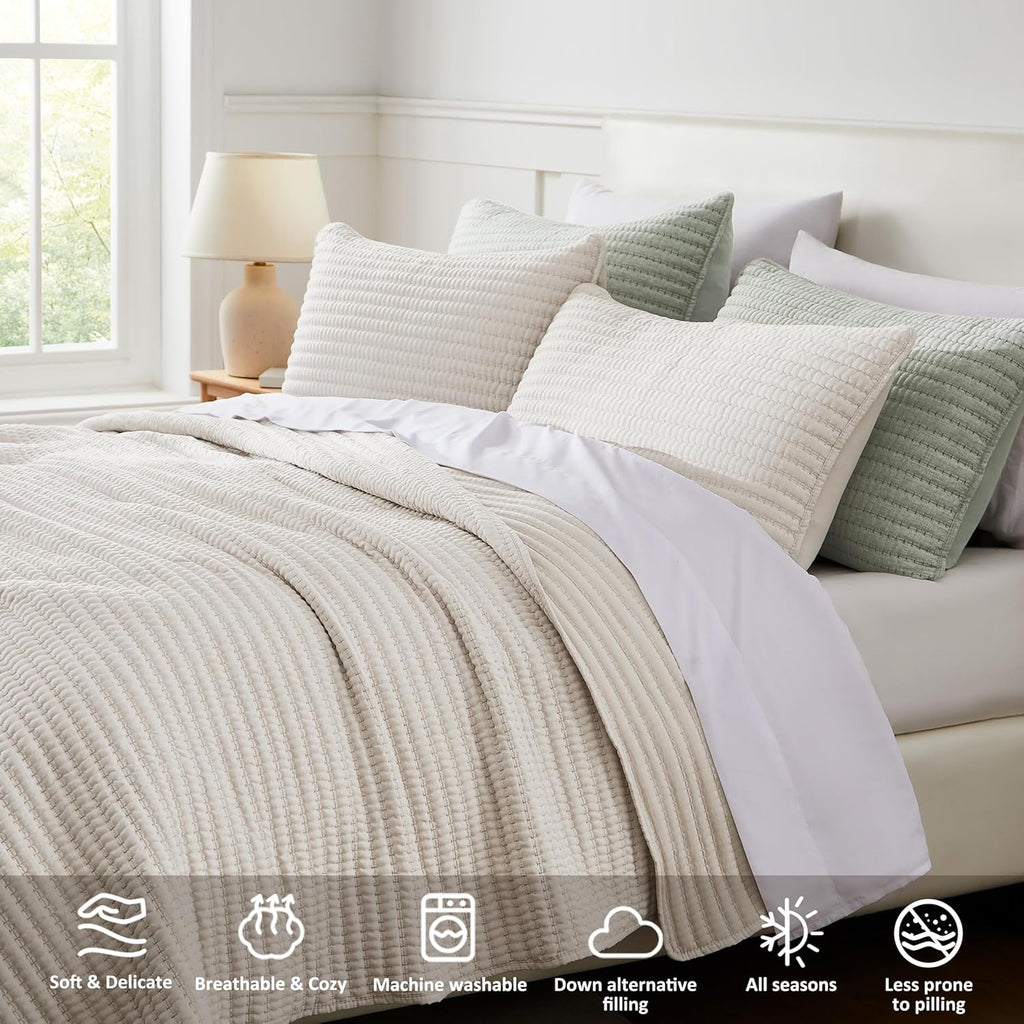 Beige Pick Stitch Queen Quilt Set, Striped Lightweight Soft Summer Spring Bedspread, Bamboo Linen Like Textured