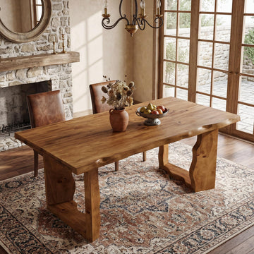 63" Live Edge Solid Wood Dining Table, Modern Rustic Kitchen Table with Sculptural Legs, 6-Person Rectangular Dinner