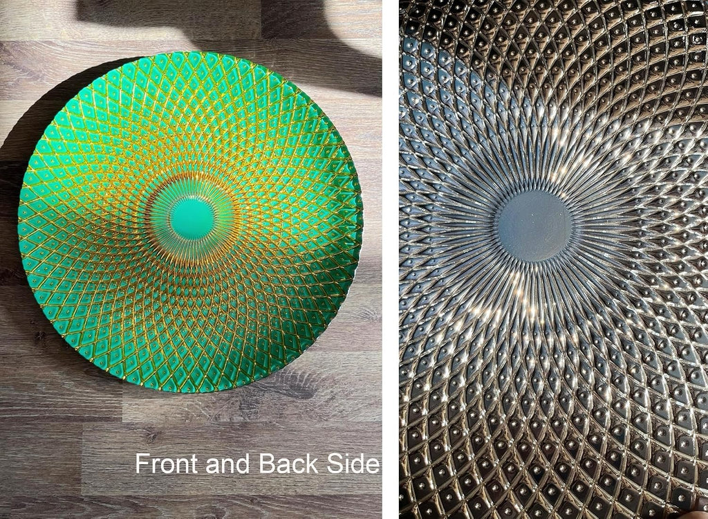 13-Inch Bohemian Art Glass Fruit Bowl - Decorative Serving Plate with Gold Geometric Pattern, Turquoise Centerpiece