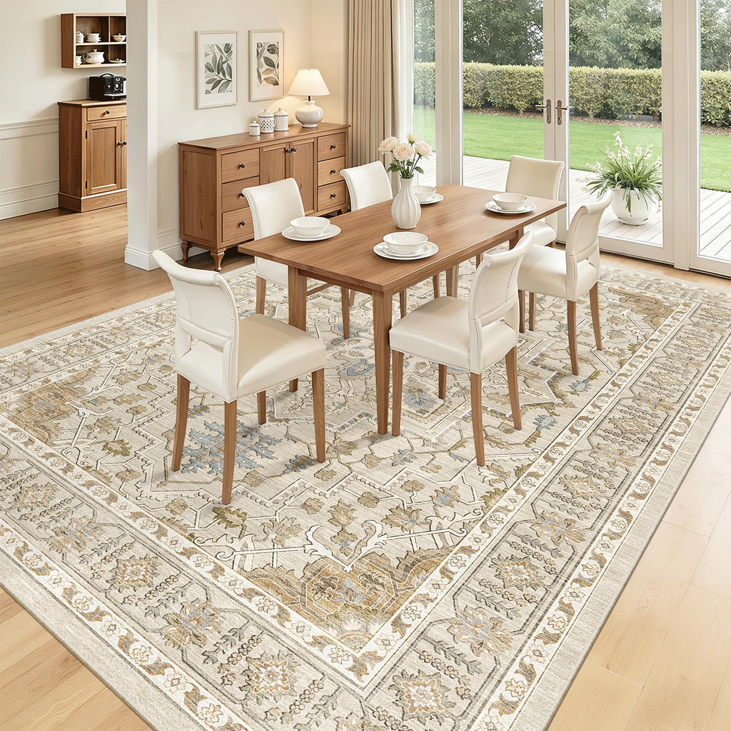 8x10 Area Rugs, Non-Slip Washable Rug, Beige/Blue