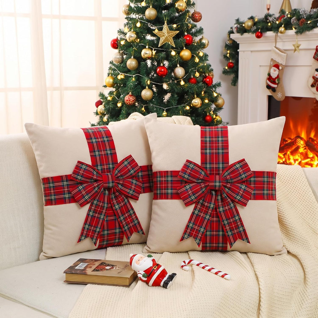 Christmas Pillow Covers with 3D Red Plaid Bow - Set of 2