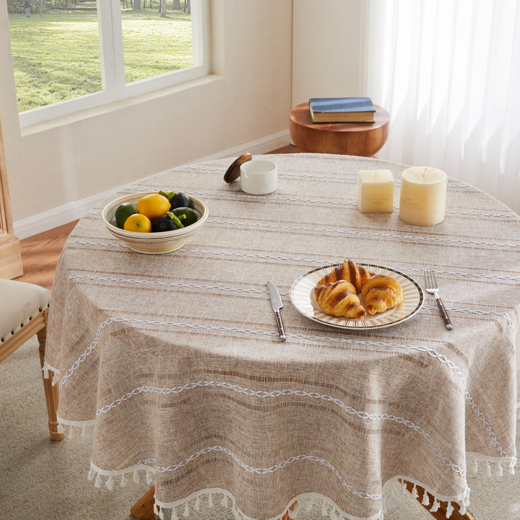 Hemstitched Striped Boho Table Cloth, 54 Inch Round Natural