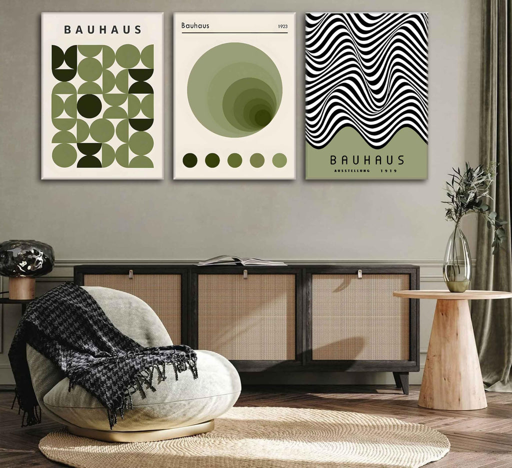 Green Bauhaus Wall Art, Mid Century Geometric Wall Decor, Set of 3, 12x16in