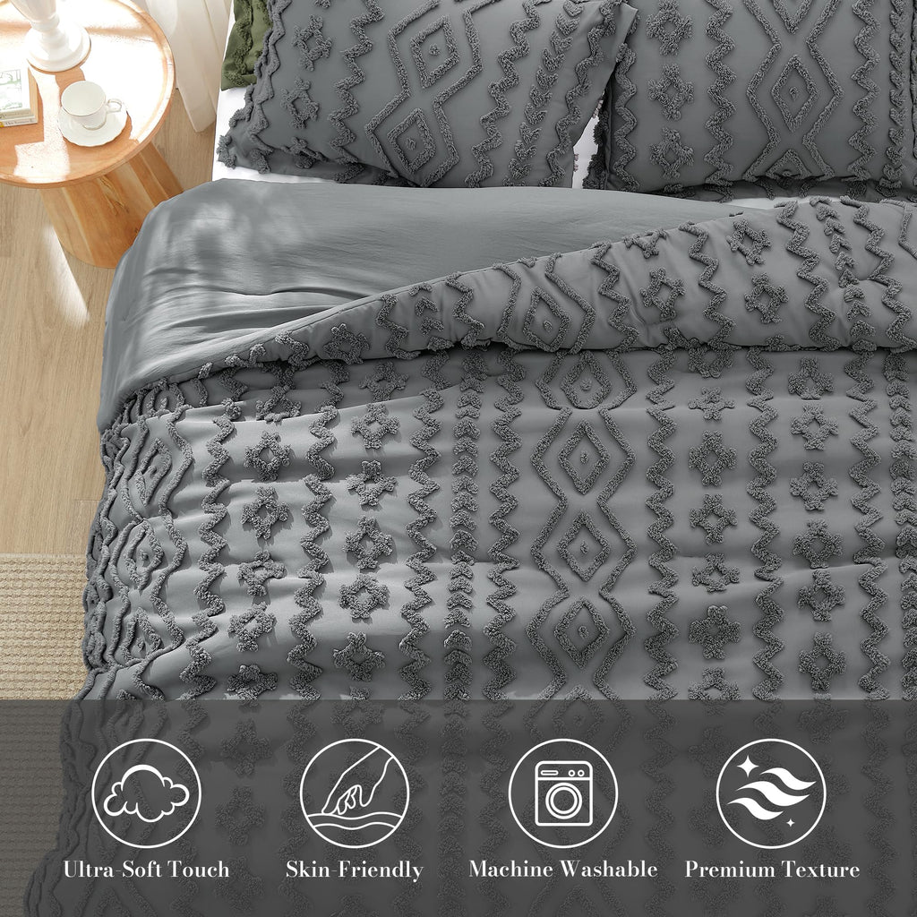 Tufted Boho Comforter Set Queen Size, 3 Pieces Soft Textured Bed Set, Lightweight Breathable Comforter for All