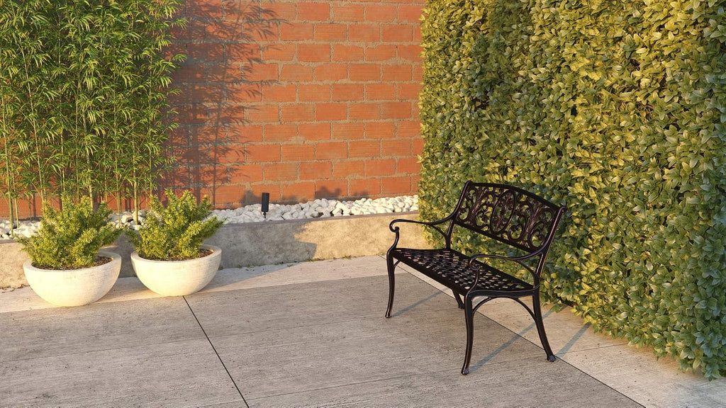 Cast Aluminum Patio Bench | Antique Bronze Finish | Heavy Duty Rust Free Metal Construction | Lightweight |