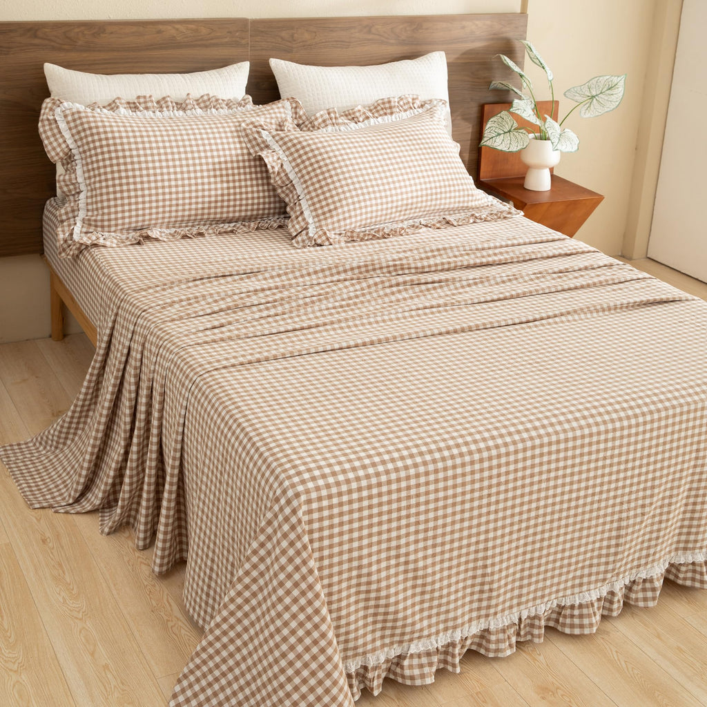 3 Piece Cotton Sheet Set, Tan Gingham & Lace Ruffle Fitted