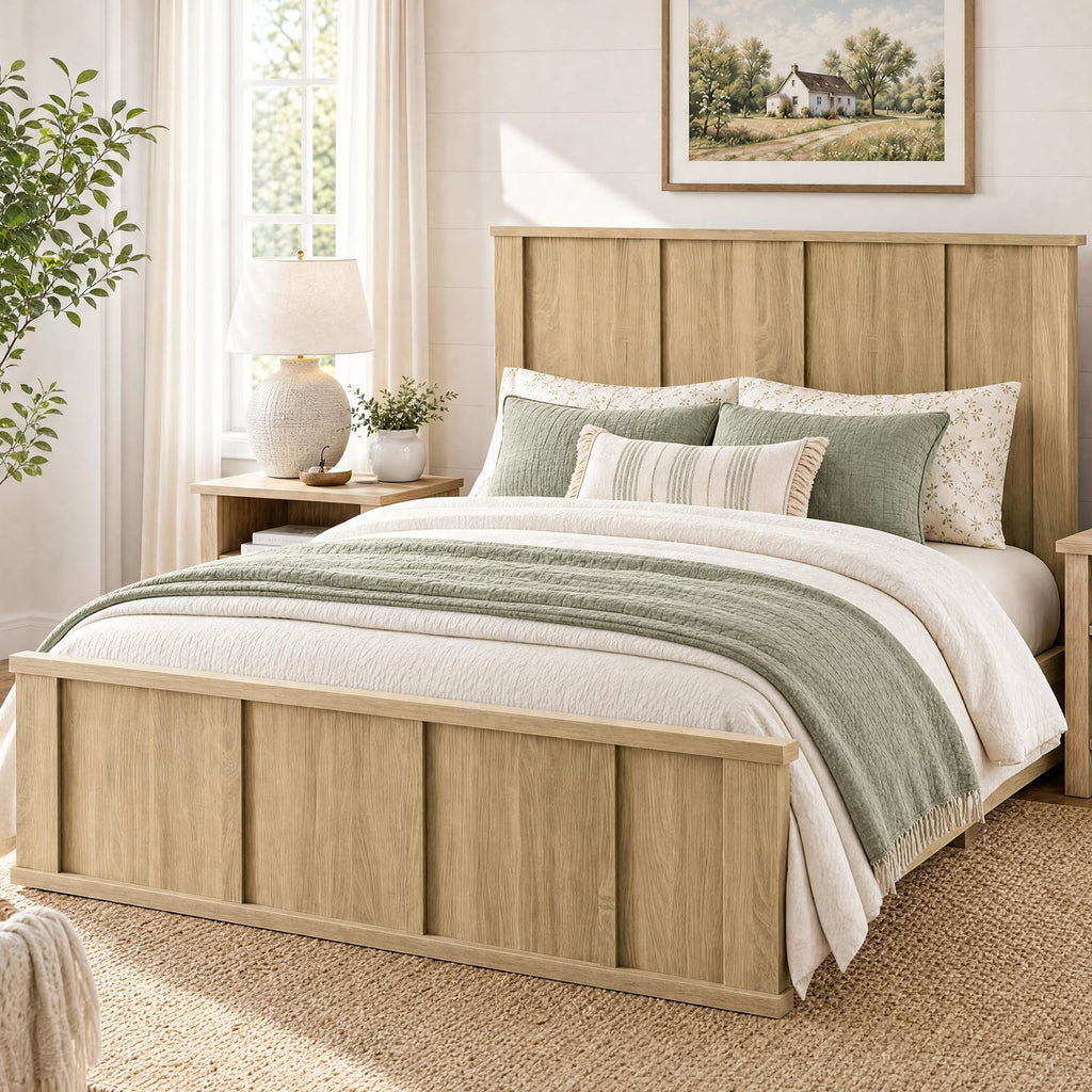 Farmhouse Bed Frame with 50" Tall Headboard, Natural Oak
