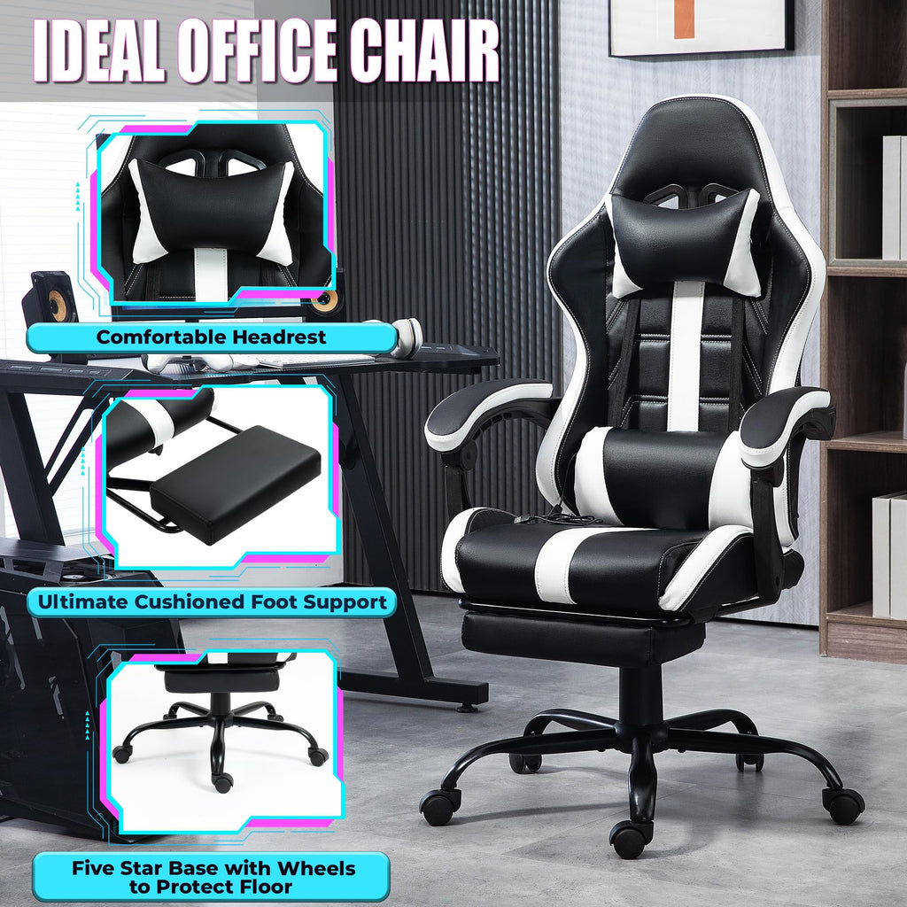 Gaming Chair with Footrest & Massage Lumbar Support, White