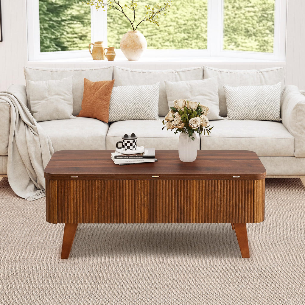 3 in 1 Lift Top Coffee Table, Fluted Convertible Coffee Tables Converts to Dining Tables, Modern Oval Wooden Center