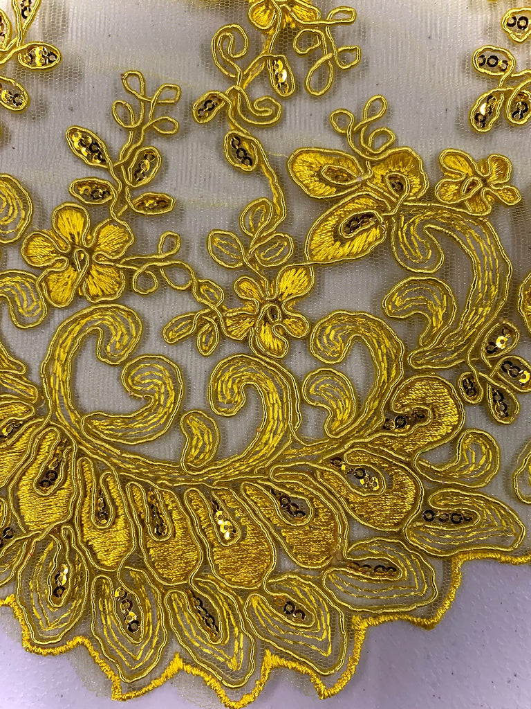 Melody Bright Yellow Polyester Floral Embroidery with Sequins on Mesh Lace Fabric by the Yard for Gown, Wedding