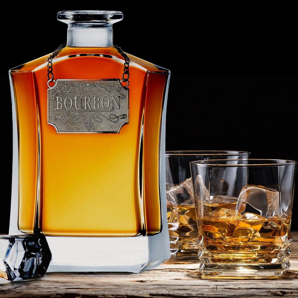 Whiskey Decanter With Label Tag - Bottle Metal Name Tags - Glass Airtight Stopper for Wine, Bourbon, Brandy, Juice