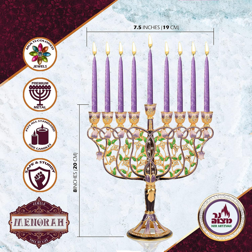 Tree of Life Hanukkah , Fits All Standard Chanukah Candles, Modern Jeweled Candle Menorahs for Chanukah - Multicolored