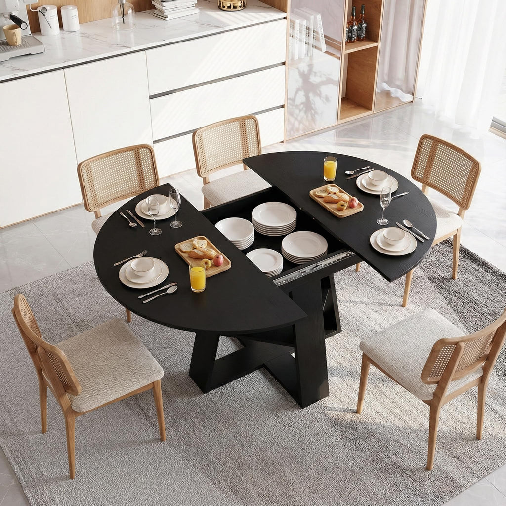 Round Extendable Dining Table Set for 6, 43"-59" Black Expandable Kitchen Table with 6 Black Velvet Tufted Chairs