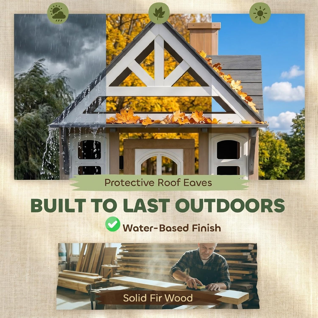 Kids Outdoor Playhouse Wooden Kids Cottage with Dog Door Ages 2+ Gray | Cookware, Planter Box, Bell, Blackboard