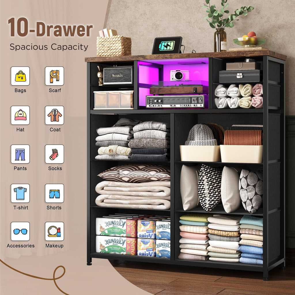 10-Drawer Tall Dresser, LED & Charging Station, Brown
