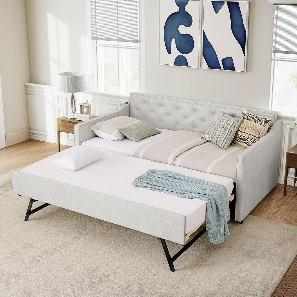 Daybed with Pop up Trundle, Fabric Upholstered Twin Size Day Bed Pull-Point Sofa Daybed Frame w/Twin Roll-Out