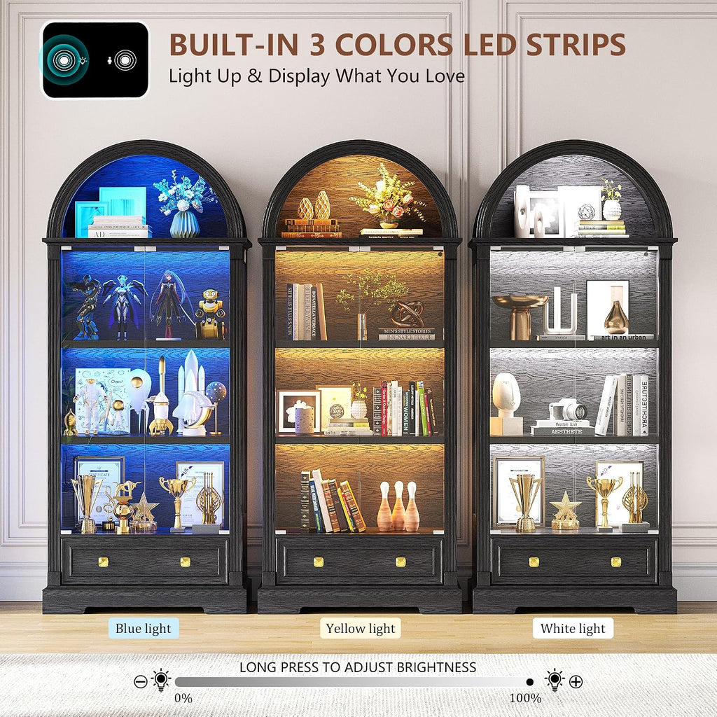 Black Curio Cabinet with Glass Doors, 72" Tall Arched Display Cabinet with Human Sensor Lights, 4-Tier Display Case