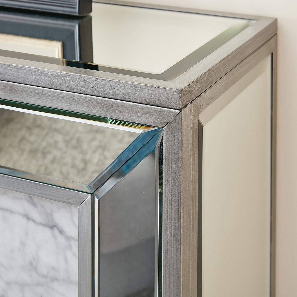 Trandling Mirrored Touch Screen Electric Fireplace with Faux Marble - Transitional Design, Grey Glass and Wood