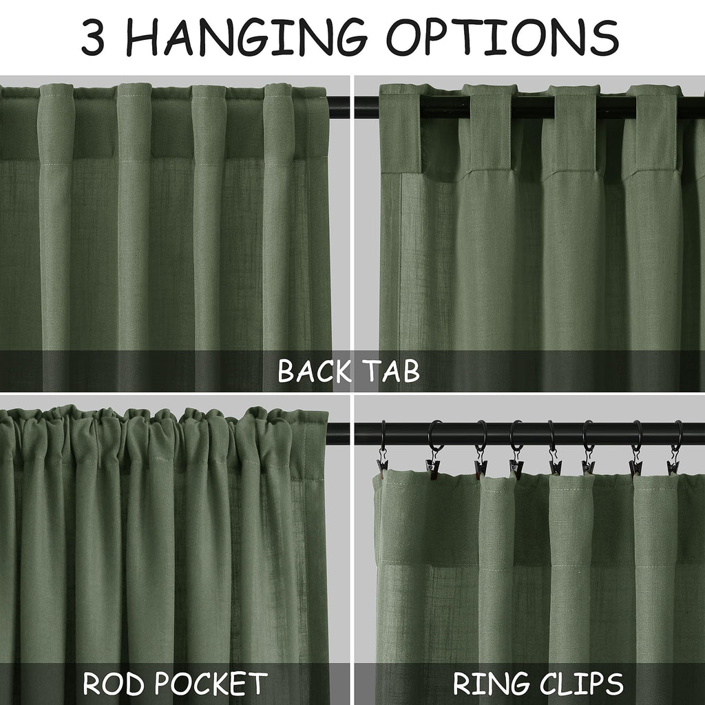 Olive Green Linen Curtains 84 Inches Long Back Tab Light Filtering Privacy Semi Sheer Curtains Modern Farmhouse Decor