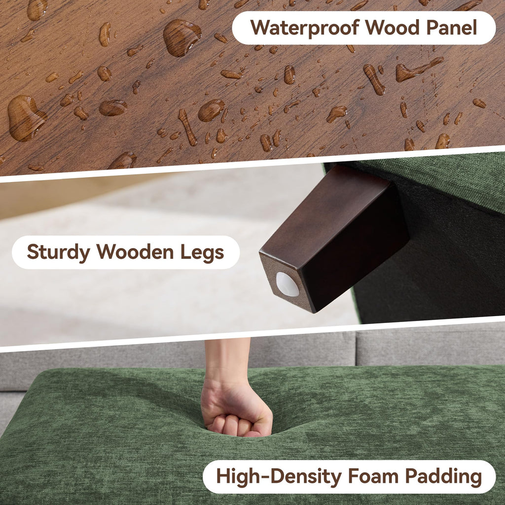 45 Inch Large Storage Ottoman Bench with Wooden Tray Coffee Table, Green Chenille Upholstered Foot Rest