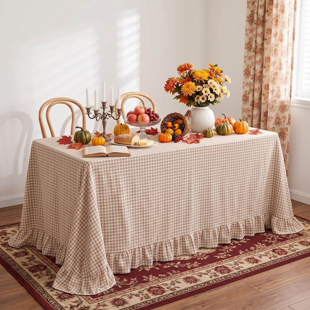 Gingham Ruffled Tablecloth Brown Taupe White 60x120 New Year