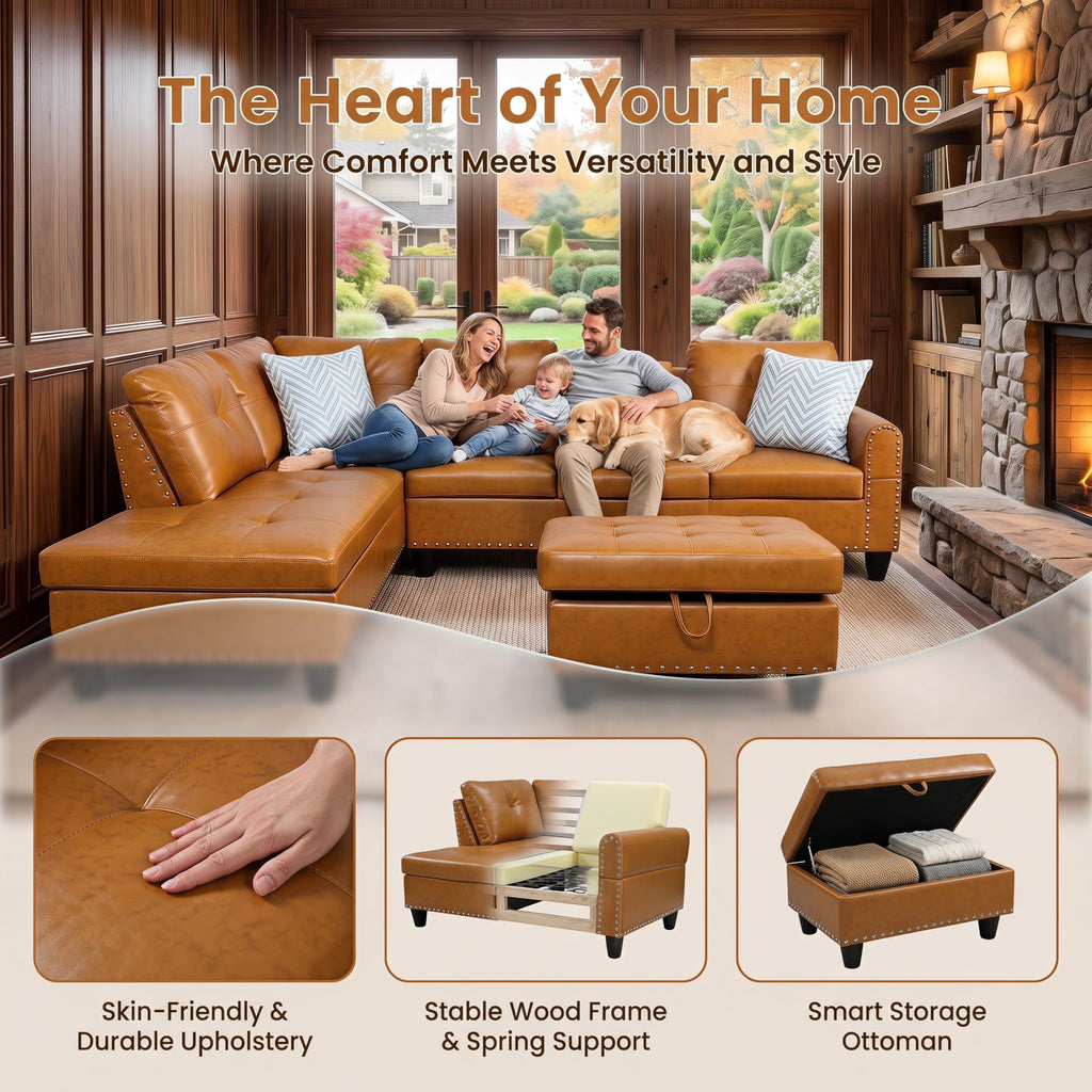 Faux Leather L-Shaped Couch Set, 98"L x 71"W Sectional Sofa Orange