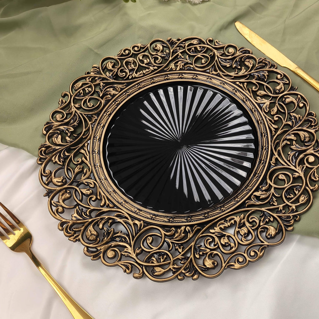 13inch Round Plastic Charger Plates, Set of 8, Charger Plates for Dinner, Wedding, Party, Event Decoration. (Black gold
