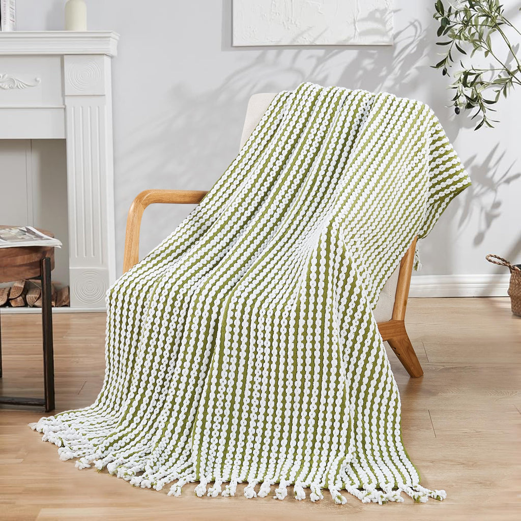 Striped Knit Throw Blanket with Braided Tassels 50" x 60", Hand Knitted Soft Chunky Chain Design Boho Farmhouse