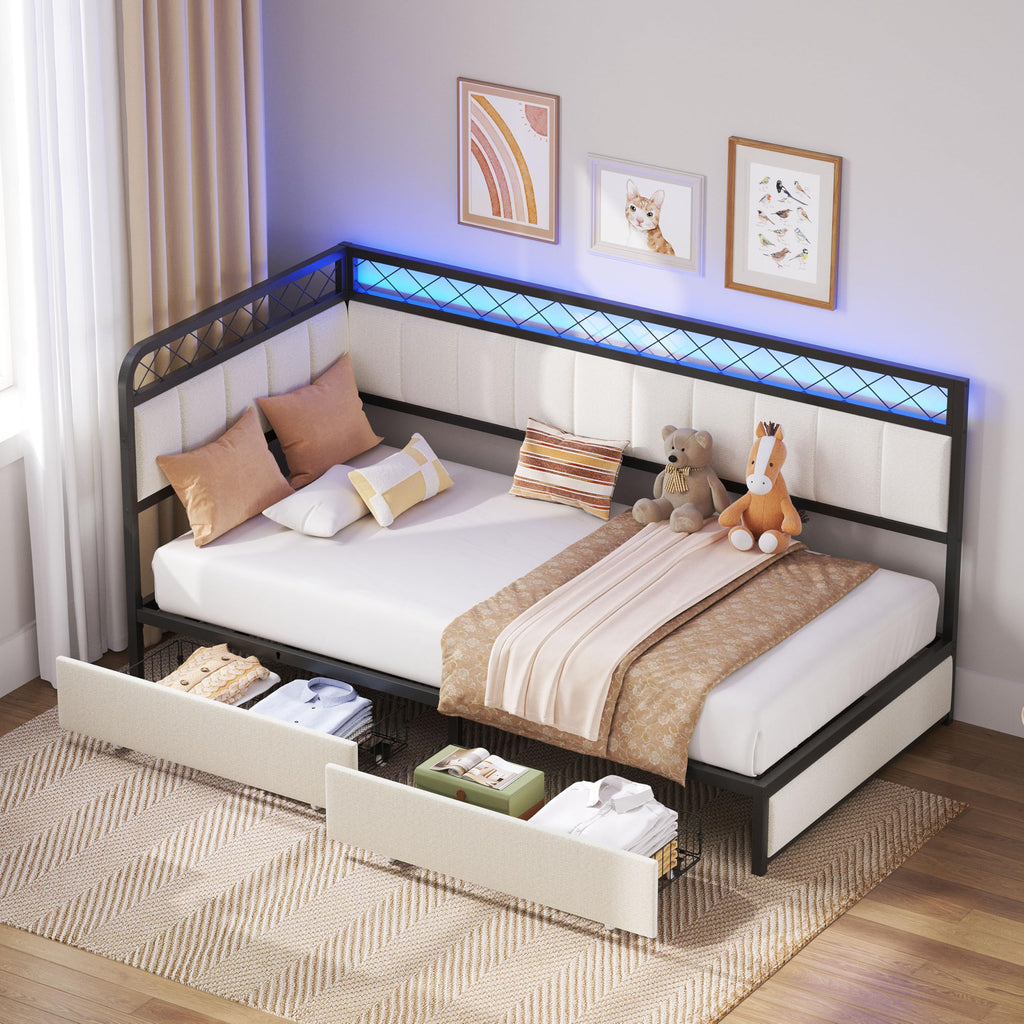 Twin Daybed with 2 Storage Drawers, Corner Bed Frame with LED and Charging Station, Metal Platform Daybed Frame and