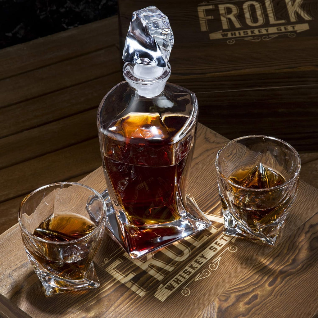 Whiskey Decanter and Stones Gift Set for Men - Whiskey Decanter, 2 Twisted Whiskey Glasses, 6 XL Stainless Steel - Set of 12
