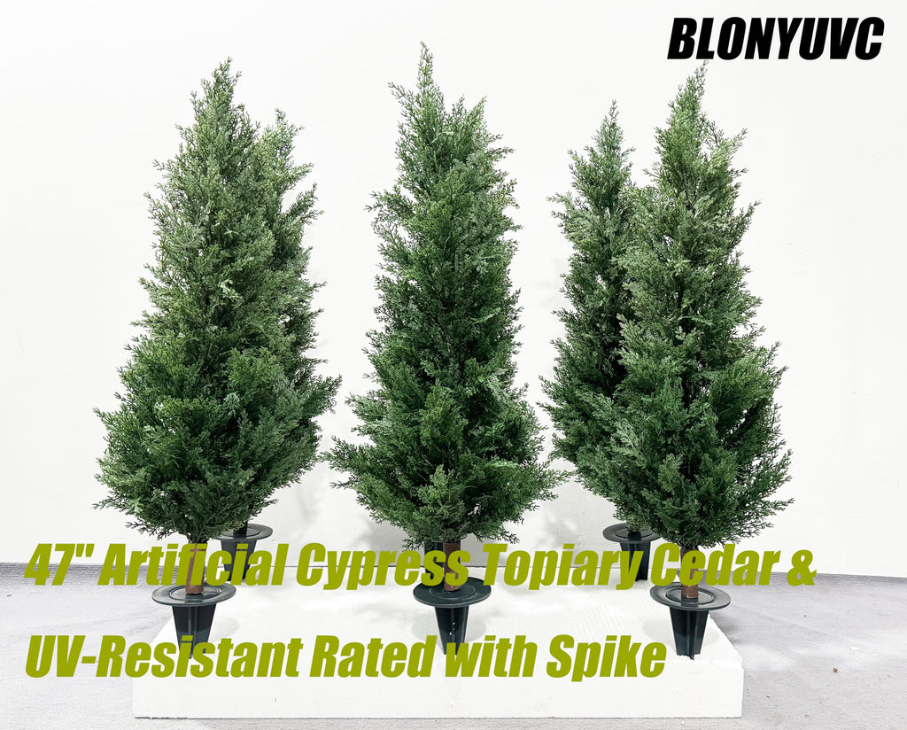 47" Artificial Cypress Topiary Cedar Topiaries for Indoors & Outdoor UV-Resistant Rated with Spike. Easy to Push in