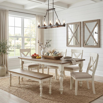 Prato 6-Piece Dining Set, Dining Table with 4 Cross Back Chairs and Bench, Antique White and Distressed Oak Finish