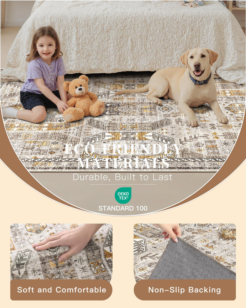 Hallway Runner Rug Washable Kitchen Runners Long, Brown/Gold