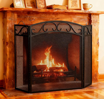 3 Panel Wrought Iron Fireplace Screen, Black Spark Guard