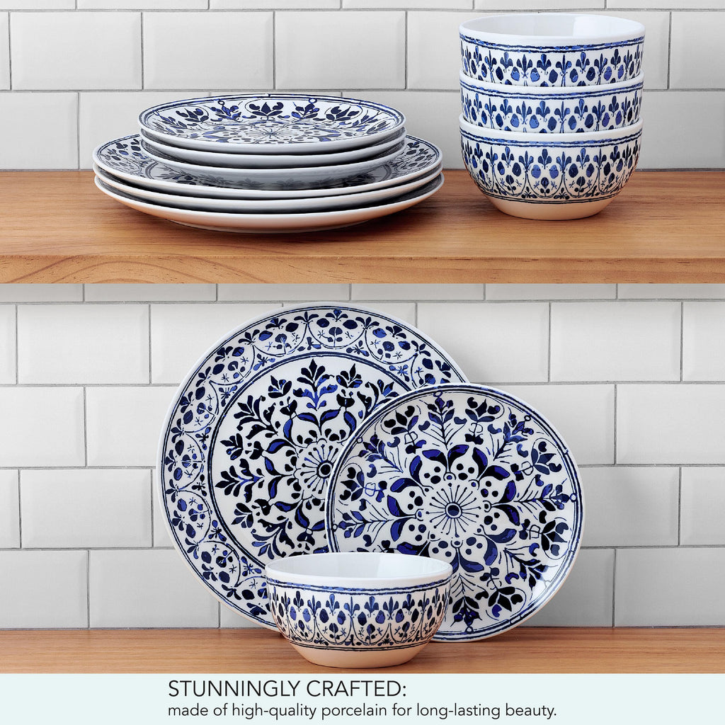 Medallion Radiance 12 Piece Stoneware Dinnerware Plate Bowl Dish Set, Service for 4, Blue