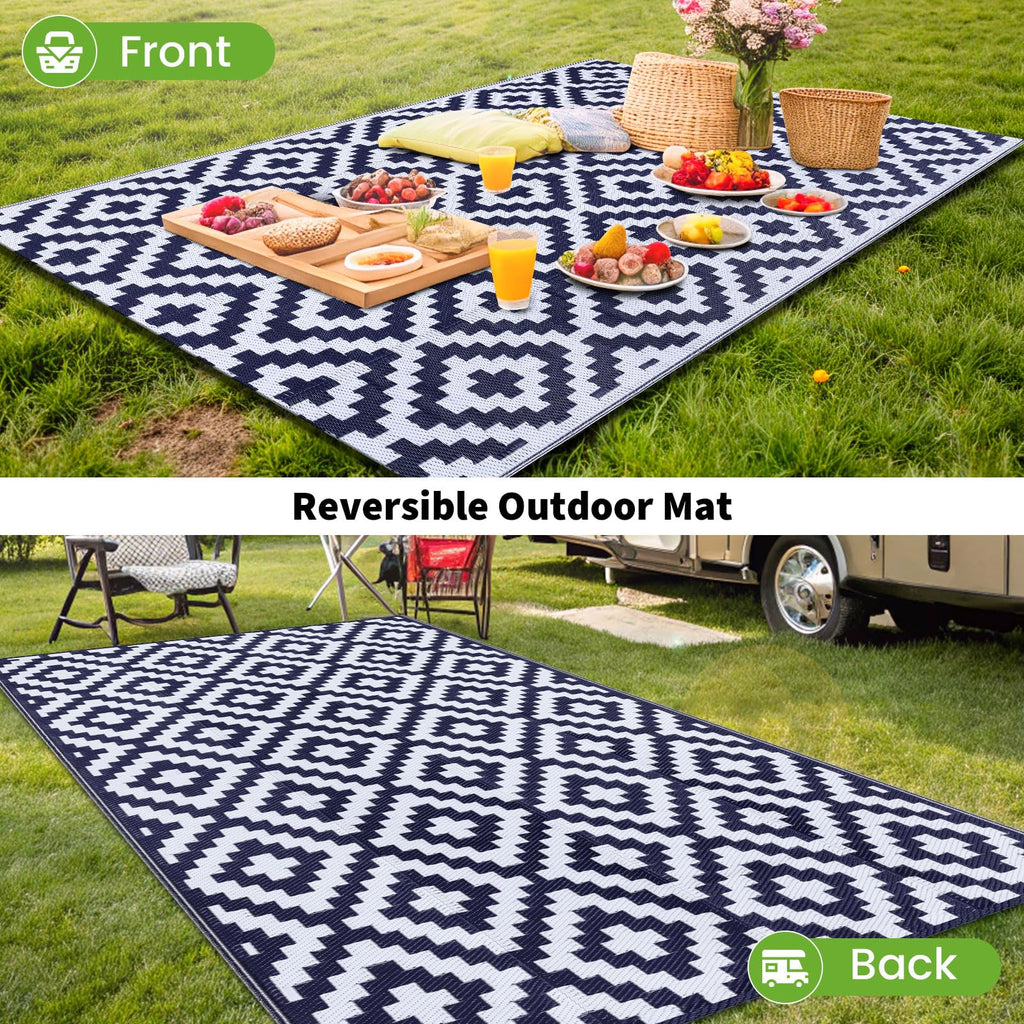 Outdoor Rug 10x14 ft Waterproof Reversible Boho Mat, White & Navy