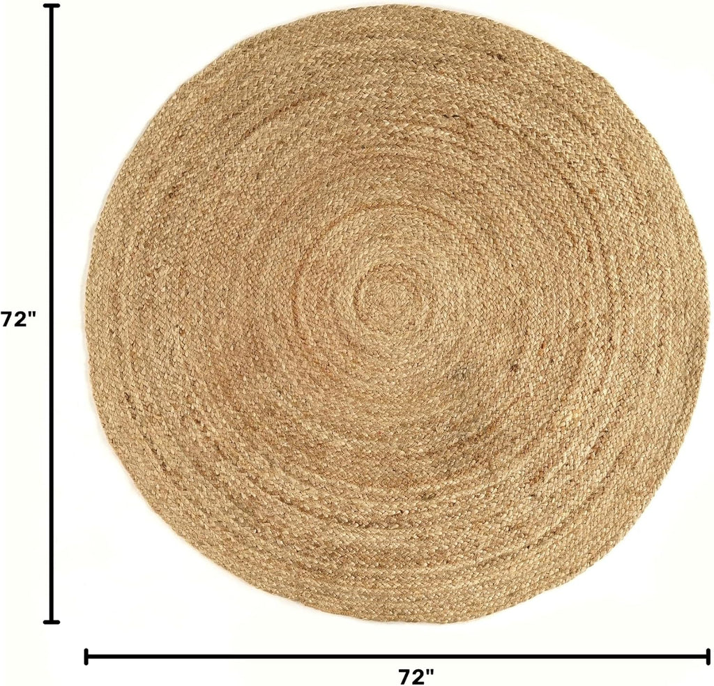 Jute Area Rug 6ft Round Handwoven Natural Braided Rustic Reversible