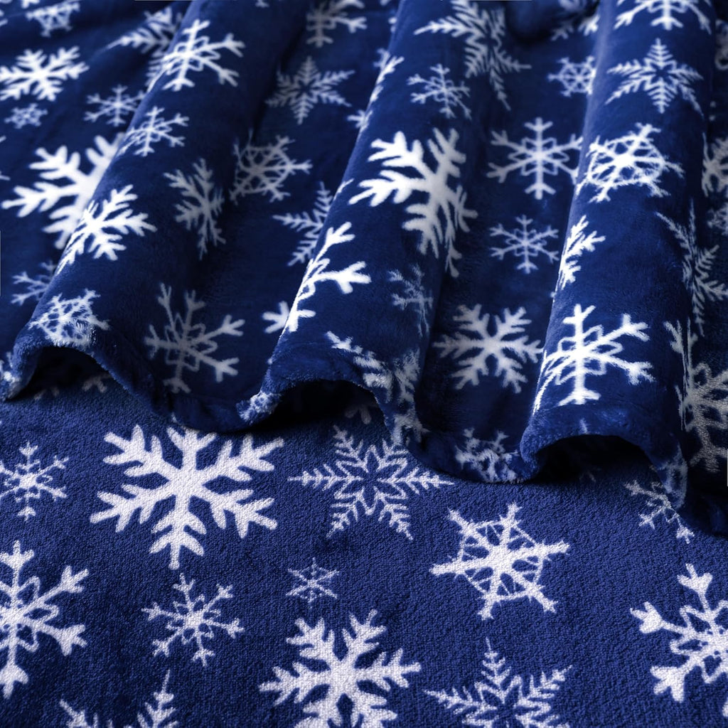 Christmas Throw Blanket | Navy Snowflake Christmas Fleece Blanket | Soft, Plush, Warm Winter Cabin Throw, 50x60