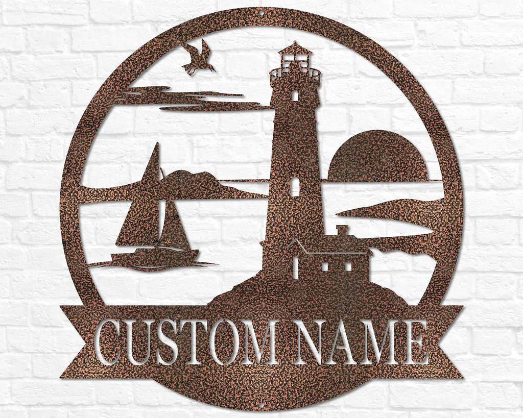 Custom Lighthouse Metal Last Name Outdoor Sign | Coastal Home Decor