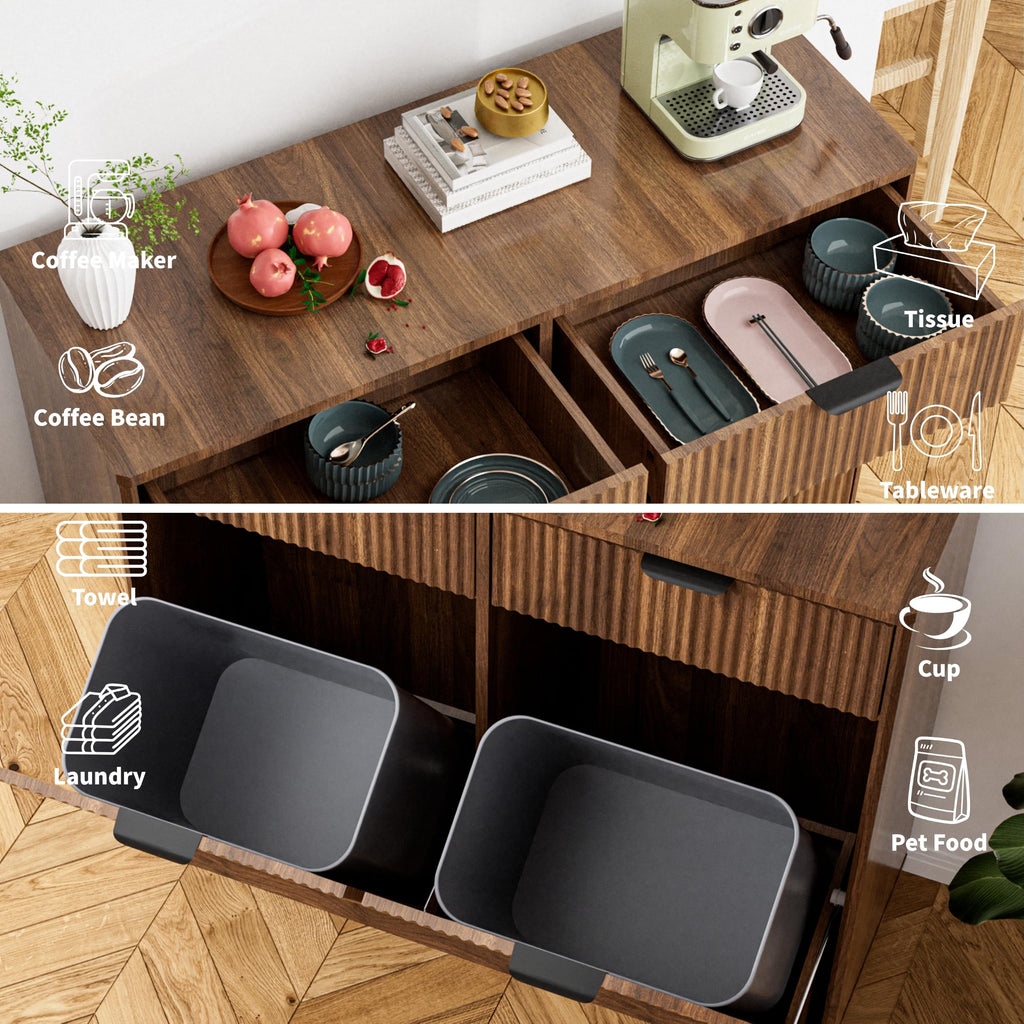 Dual 10 Gallon Tilt-Out Trash Cabinet, Laundry Hamper Cabinet, 2 Drawers.