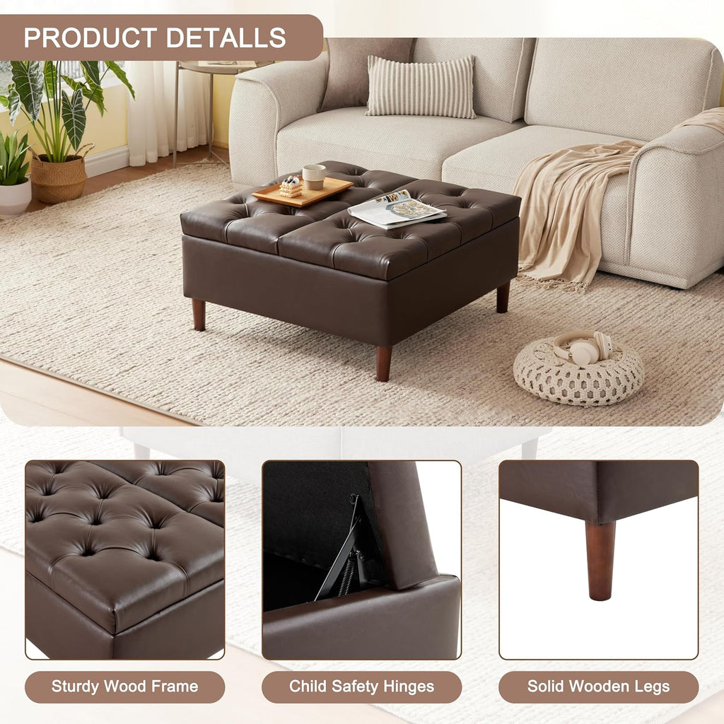 35" Large Storage Ottoman Coffee Table, Square Ottoman, Brown | Oversized Square Ottoman with Storage, No Assembly
