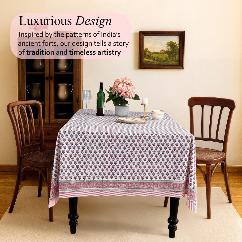 CPC Pink Sapphire Block Print 100% Cotton Square Tablecloth 60x60 Inch